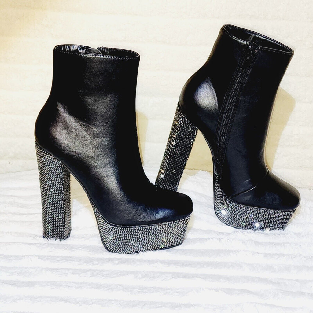 Nikki BLack Leatherette Rhinestone Platform Chunky Heel Ankle Boots - Totally Wicked Footwear