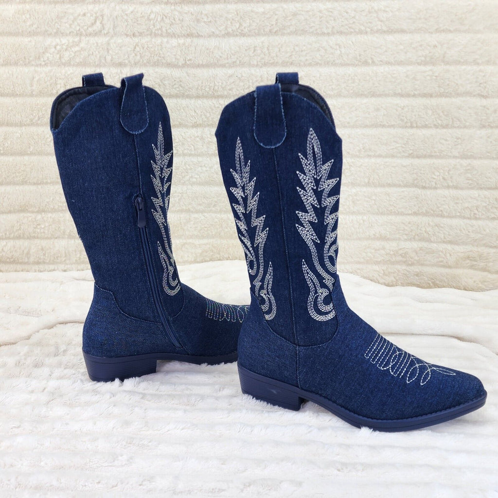 Bella Western Mid-calf Cowboy Cowgirl Boots Tan Low 1.5" Heels Dark Denim - Totally Wicked Footwear