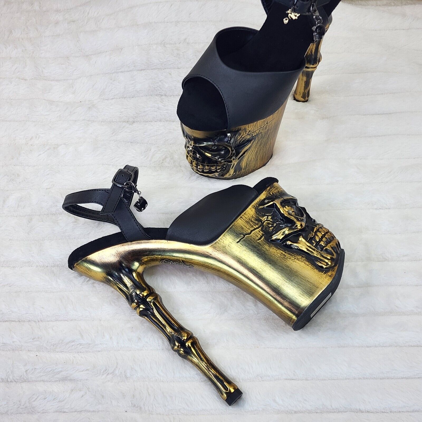 Rapture Black Matte Brass Skull & Bones LED 8" High Heel Platform Shoes 5-10 NY - Totally Wicked Footwear