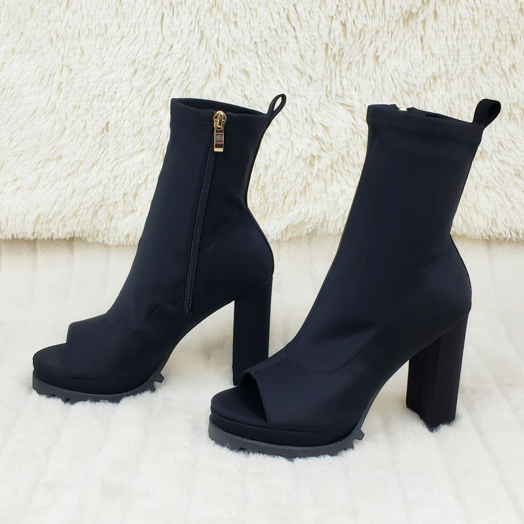 Natalie Black Chunky Heel Stretch Open Toe Lug Sole Ankle Boots - Totally Wicked Footwear