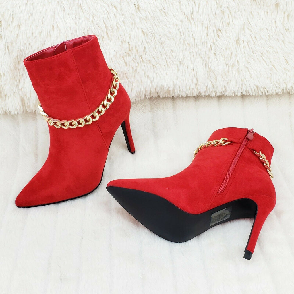 Mata Red FX Suede & Chain Sexy Pointy Toe 4" Stiletto High Heel Ankle Boots - Totally Wicked Footwear