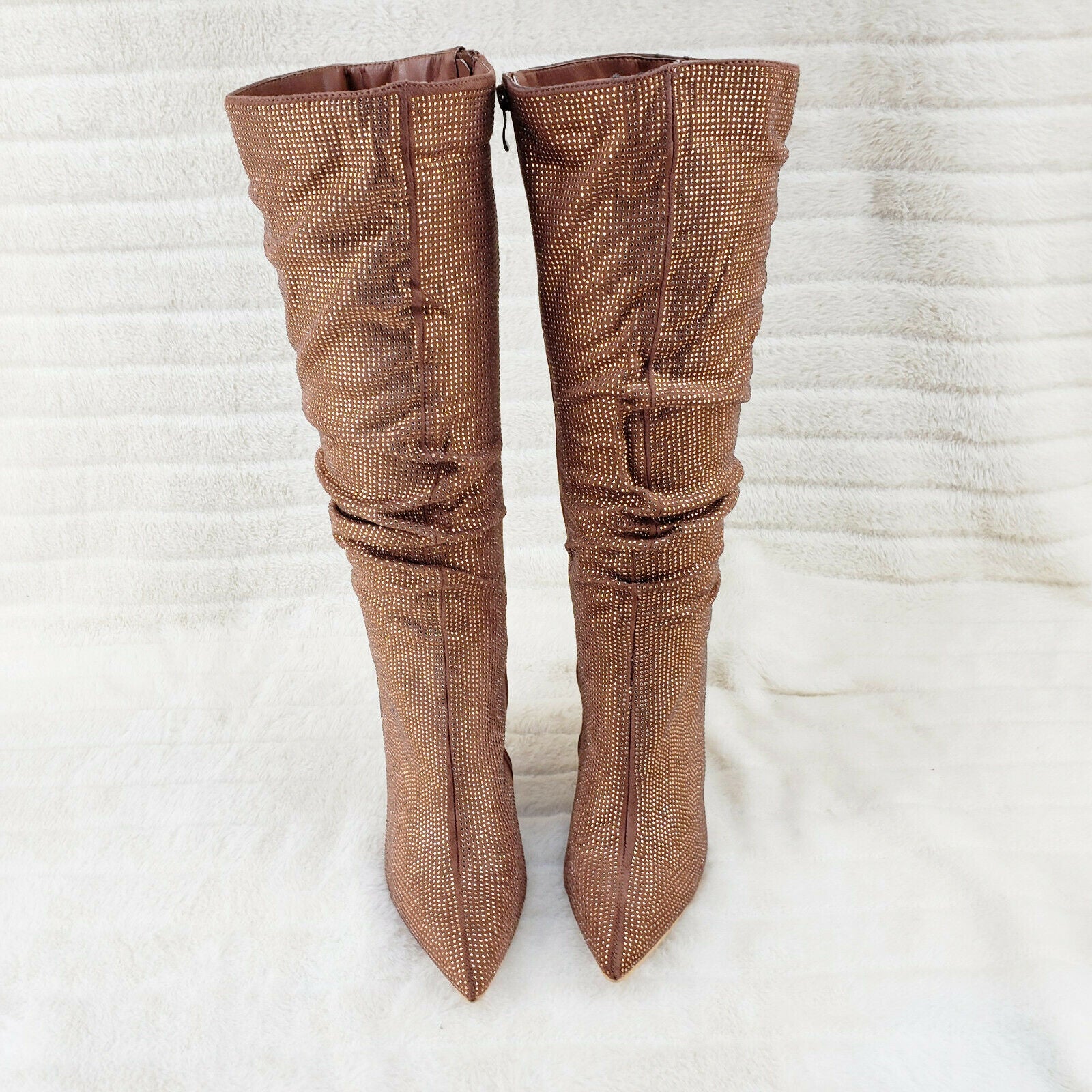 Sparkle Trend Brown Rhinestone Slouchy Scrunch High Heel Knee Boots - Totally Wicked Footwear