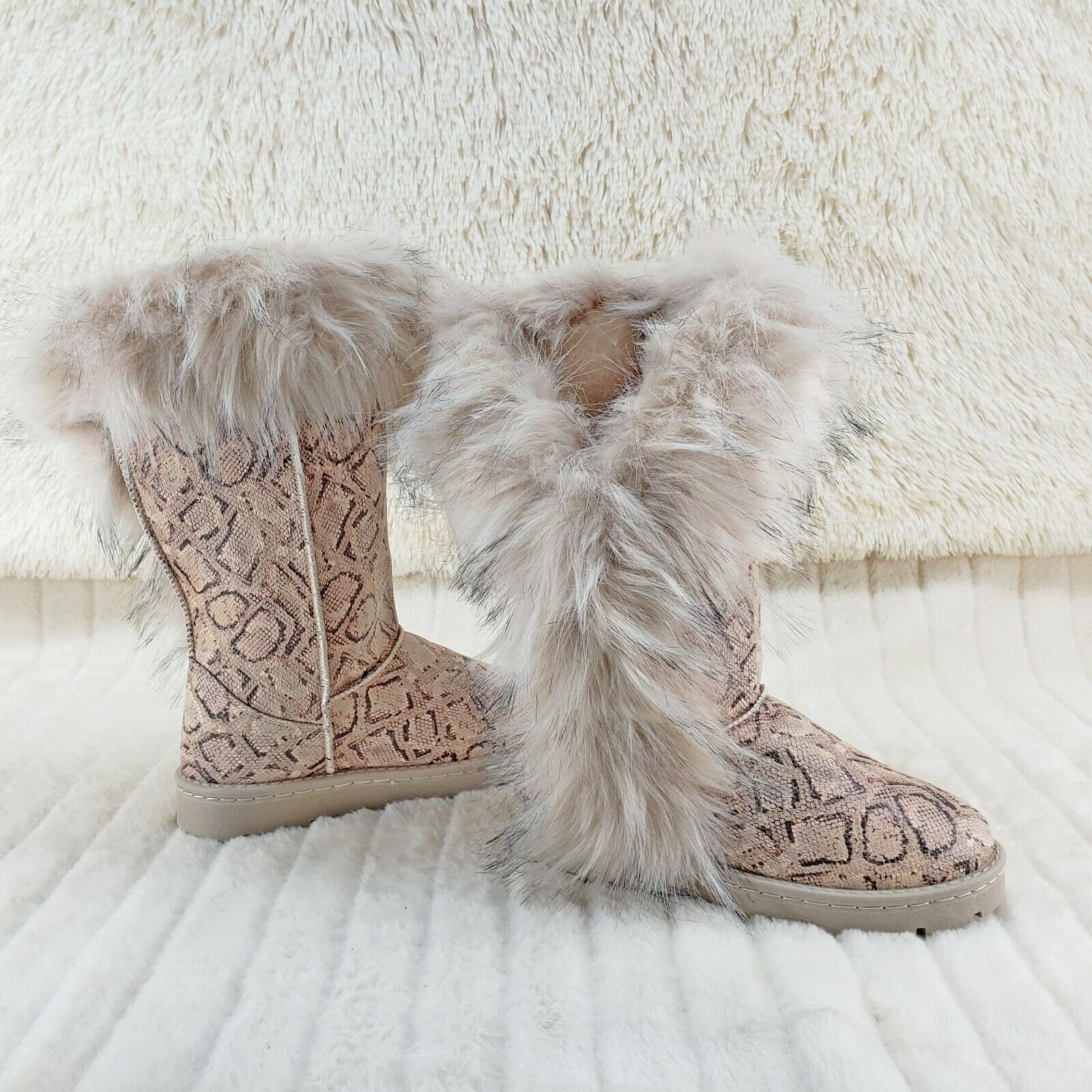 Chi Chi Tall Furry Snake Beige Faux Fur Lined Flat Winter Boots US Women's - Totally Wicked Footwear