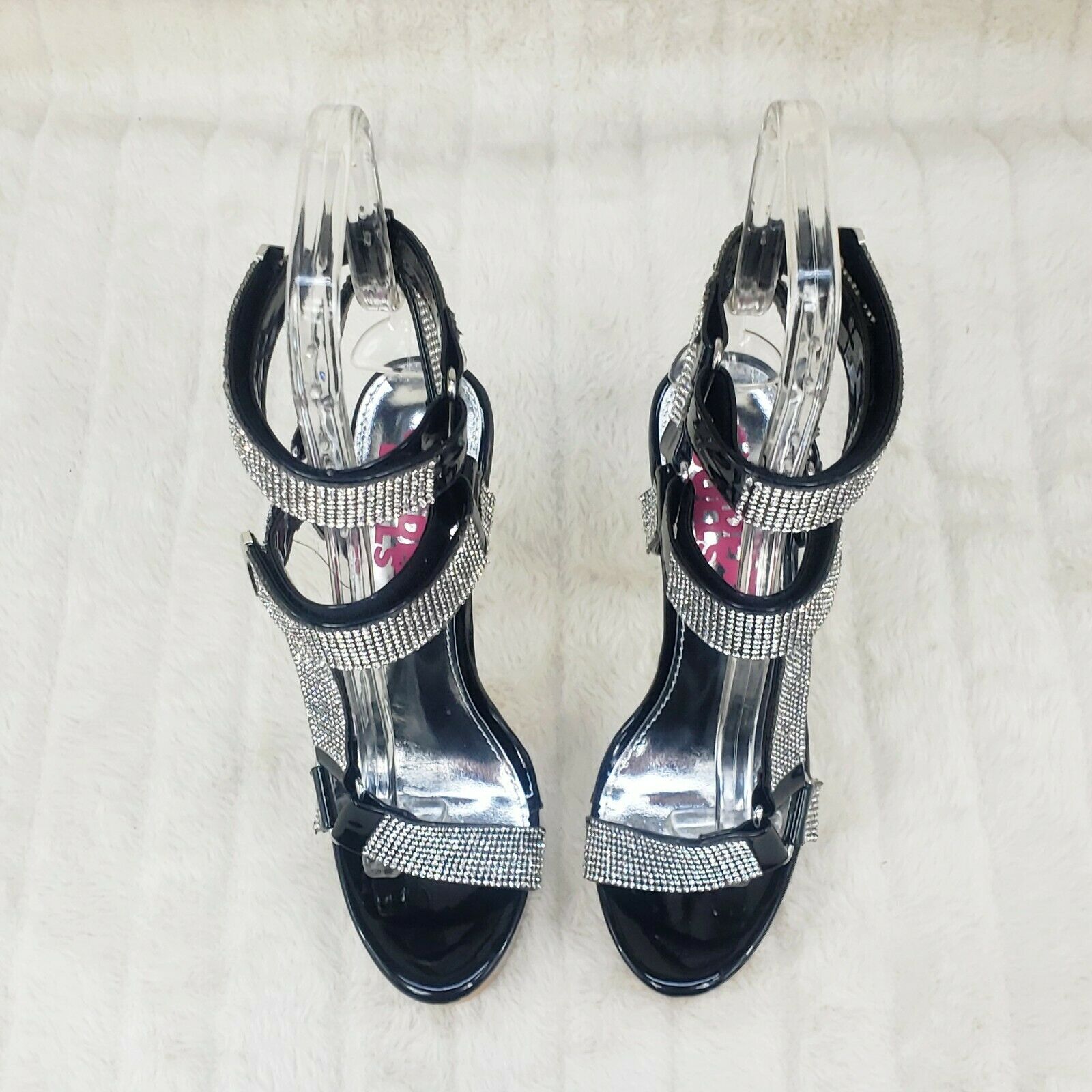 Xapala Rhinestone Harness Strap Clear Platform High Heel Shoes Black - Totally Wicked Footwear