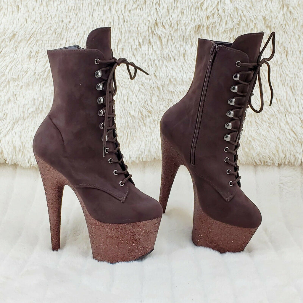 Adore 1020FSMG Brown Mocha V Suede & Glitter 7" High Heel Platform Ankle Boot NY - Totally Wicked Footwear