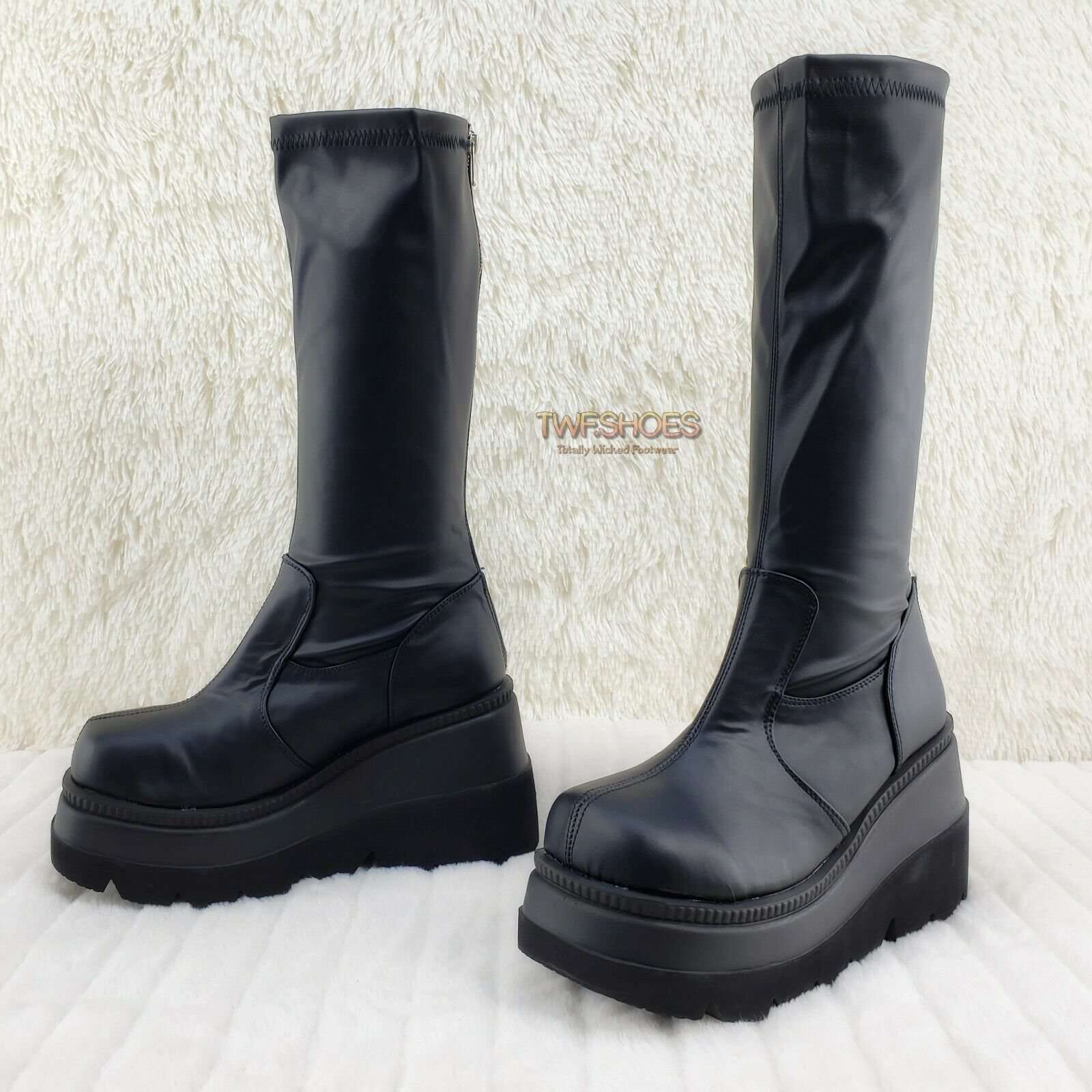 Demonia Shaker 65 Black Matte Platform 4.5" Wedge Heel Knee Boots NY - Totally Wicked Footwear