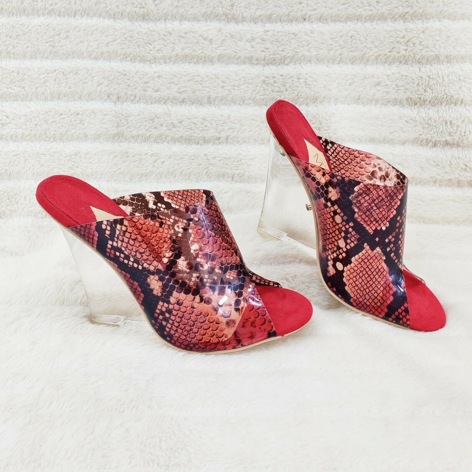 Mac J Red Transparent Snake Print Slip On Clog 5" Clear Acrylic Wedge Heels - Totally Wicked Footwear