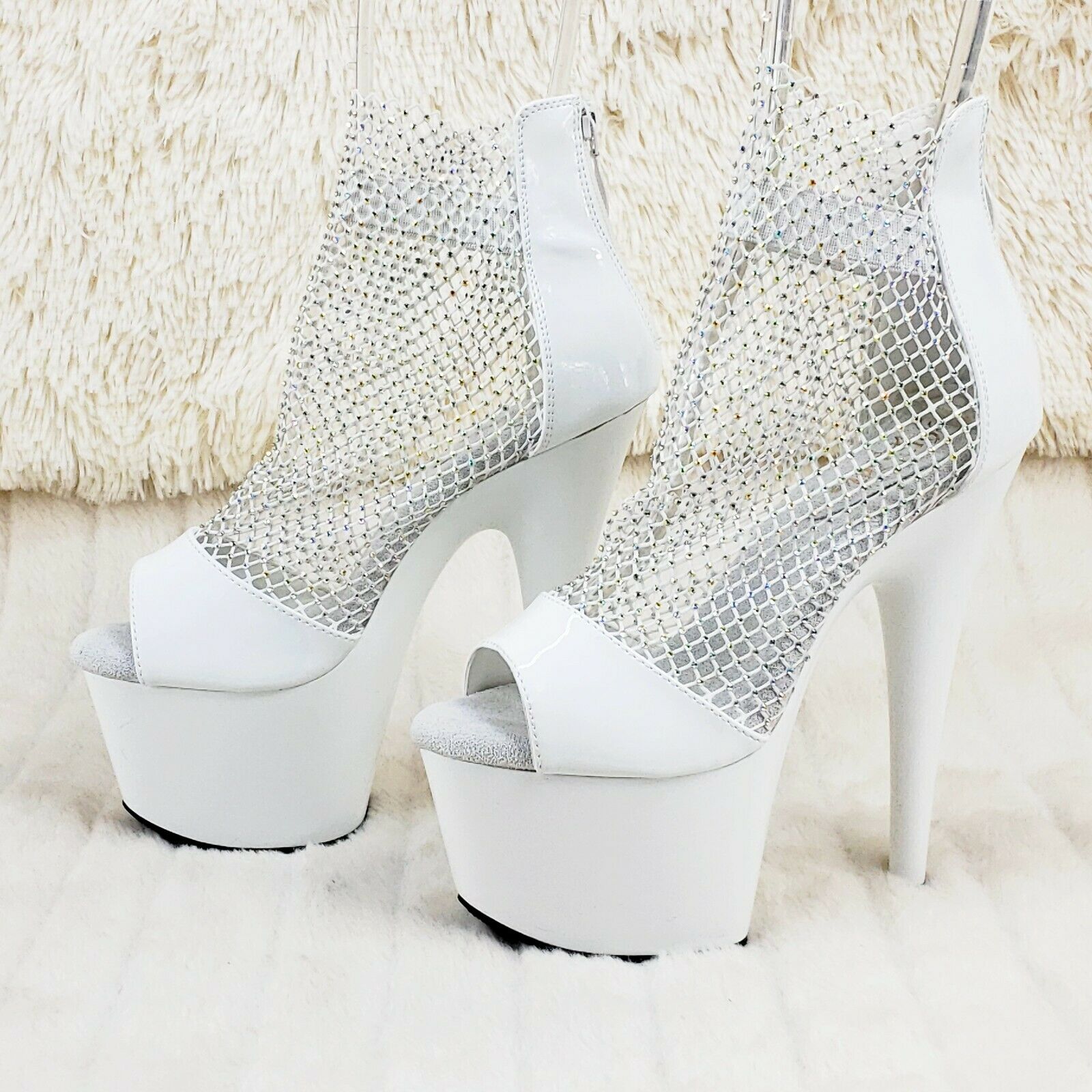 Adore 765RM White Patent Rhinestone Mesh Platform Sandals 7" High Heel Shoes NY - Totally Wicked Footwear
