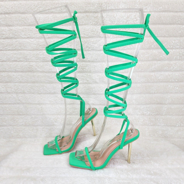 Chica Bright Neon Green Sateen Long Lace Strappy Tie Up High Heel Sandal - Totally Wicked Footwear