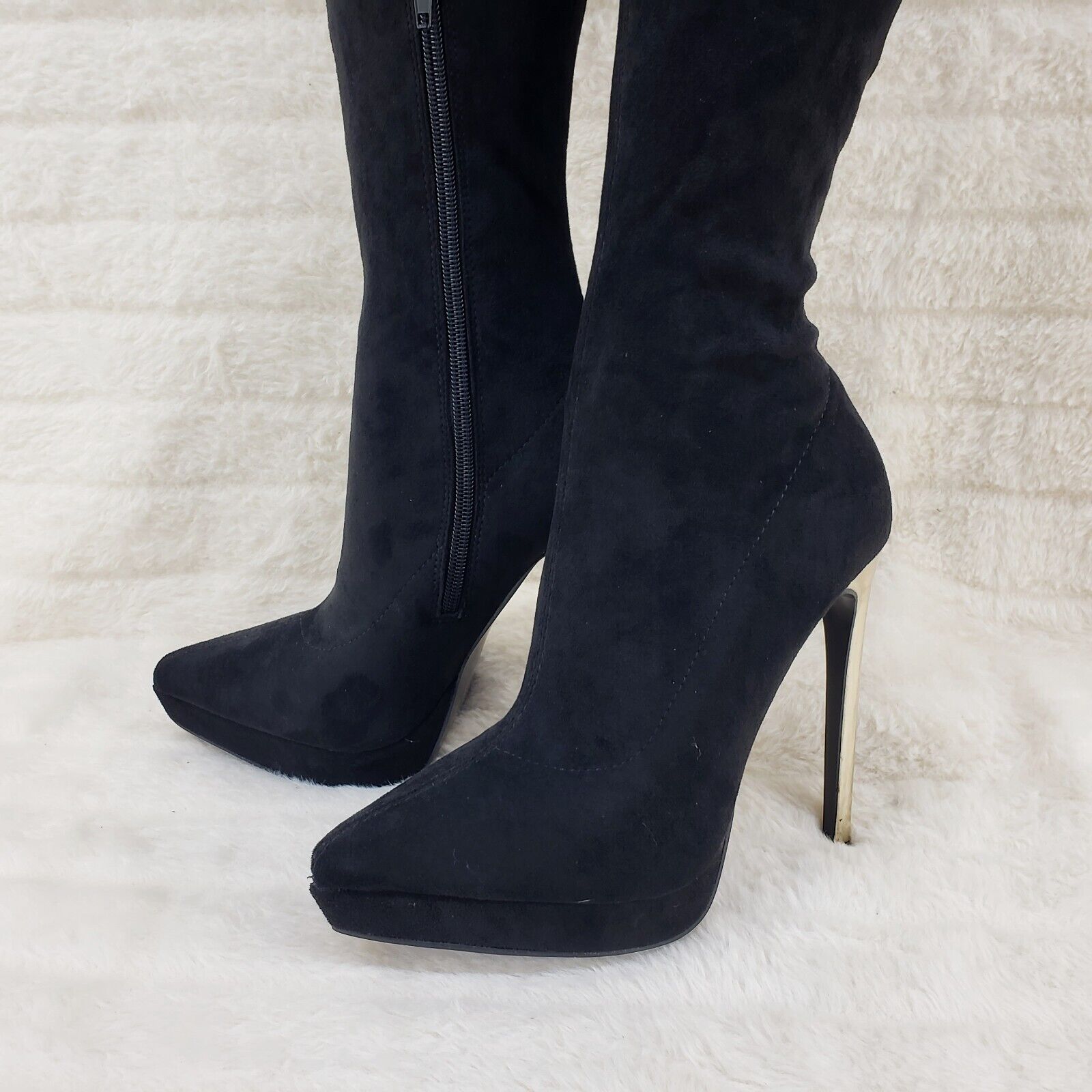 Sexy Girlz Faux Stretch Black Suede High Heel Pointy Toe Platform Thigh Boots - Totally Wicked Footwear