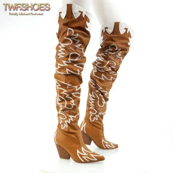 CR Kelsey 21 Rock Star Tan & White Western Slouch OTK Thigh High Cowboy Boot - Totally Wicked Footwear