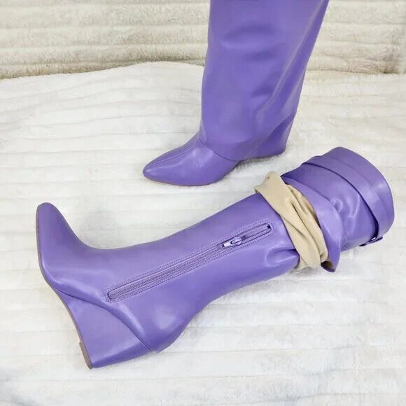 Fold Over Skirted Knee Boots 3" Wedge Heel Pull On Half Zipper Lilac Purple - Totally Wicked Footwear