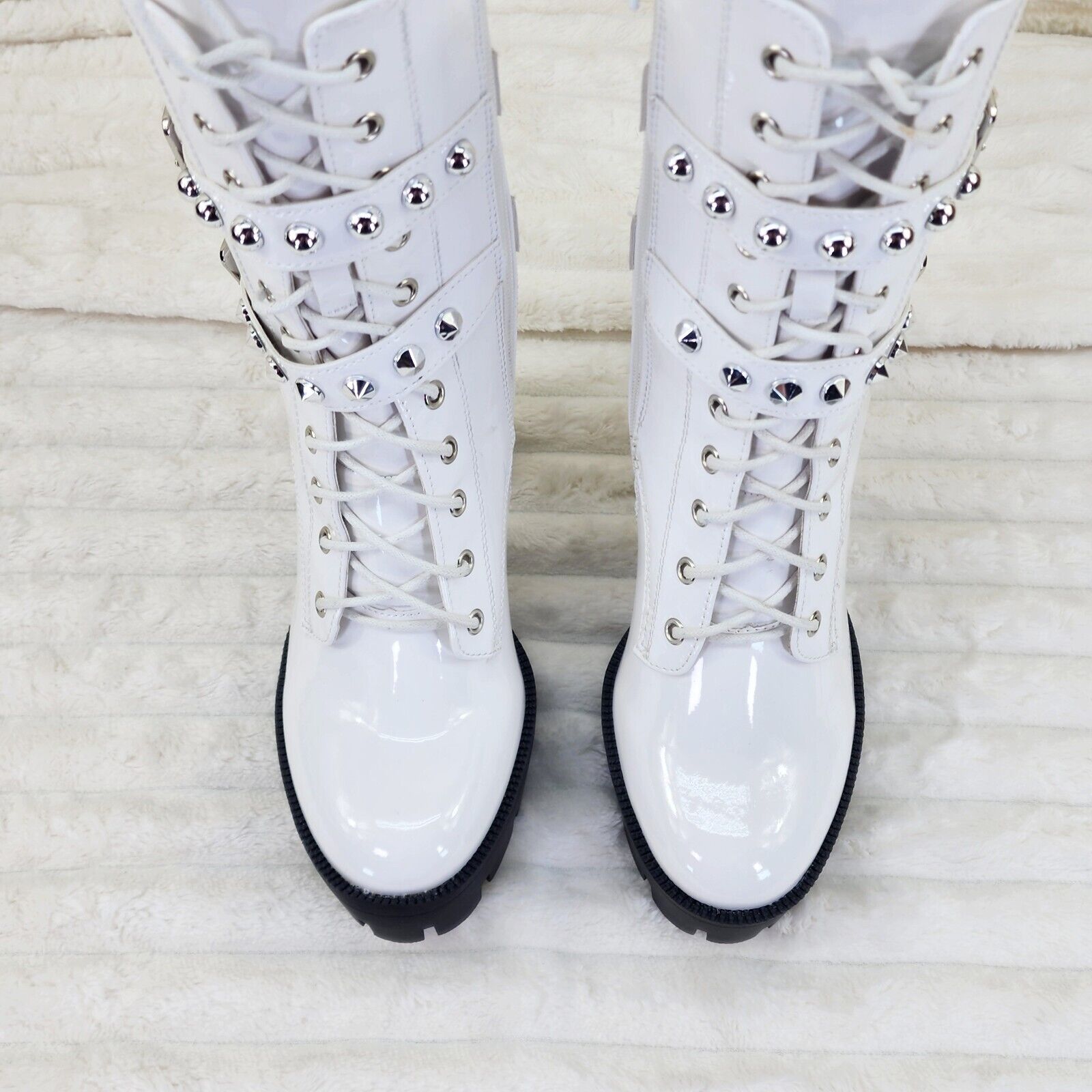 Bright White Patent Lug Sole Studded Strap Ankle Boots Temptress - Totally Wicked Footwear