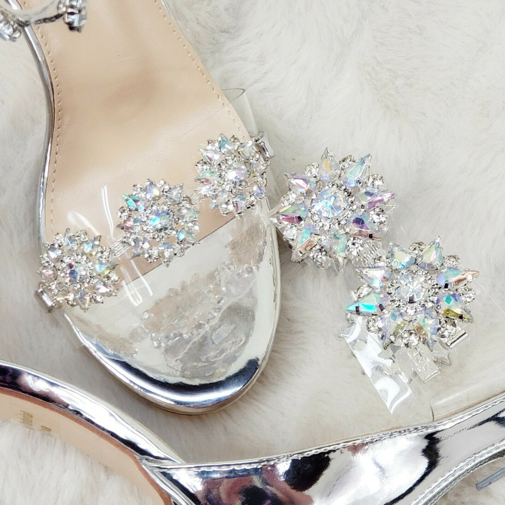 Bella Silver Flower Rhinestone Ankle Strap 4" High Heel Stiletto Sandals Shoes - Totally Wicked Footwear