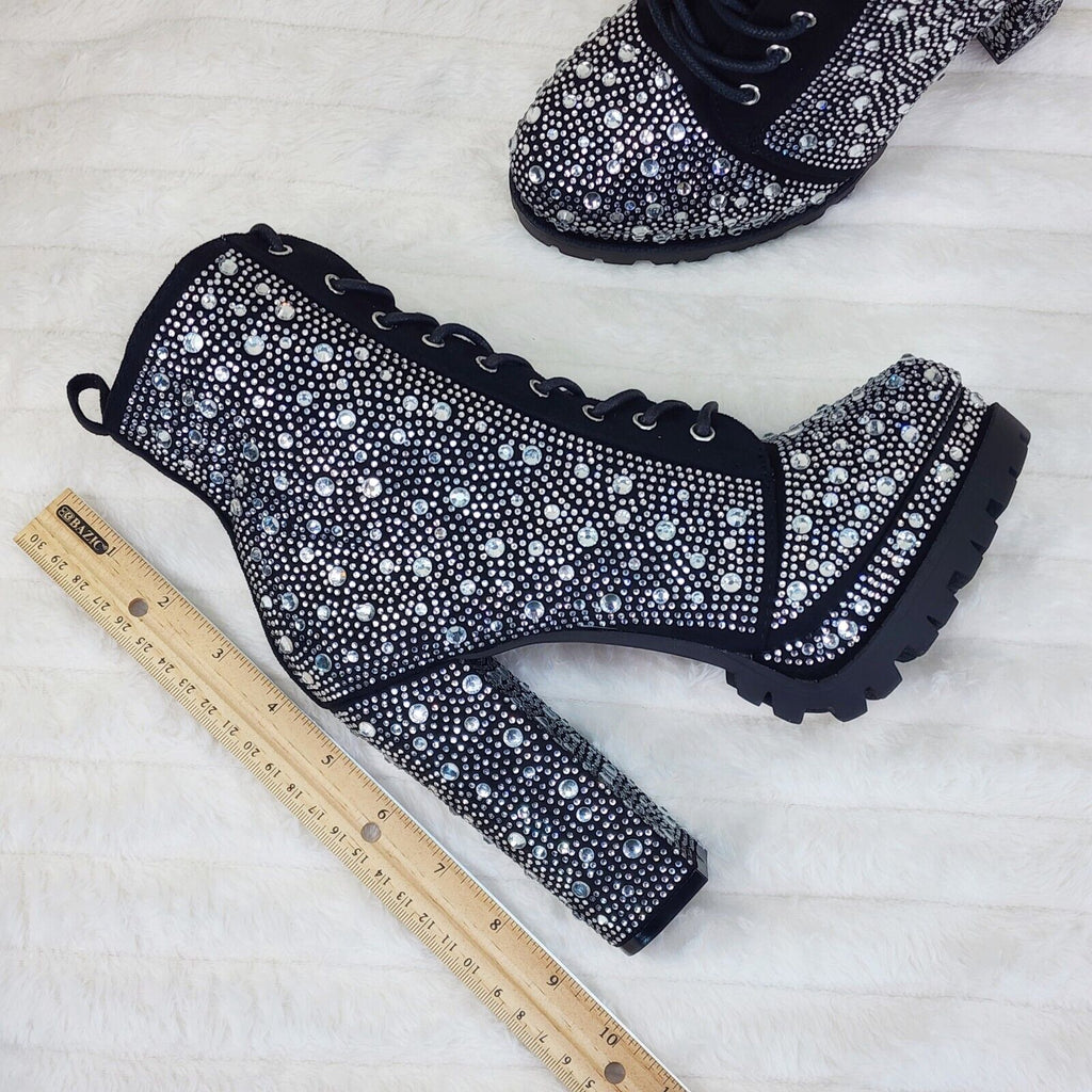 Wild Diva Vivian 15A Rhinestone Chunky Heel Platform Ankle Boots Black - Totally Wicked Footwear