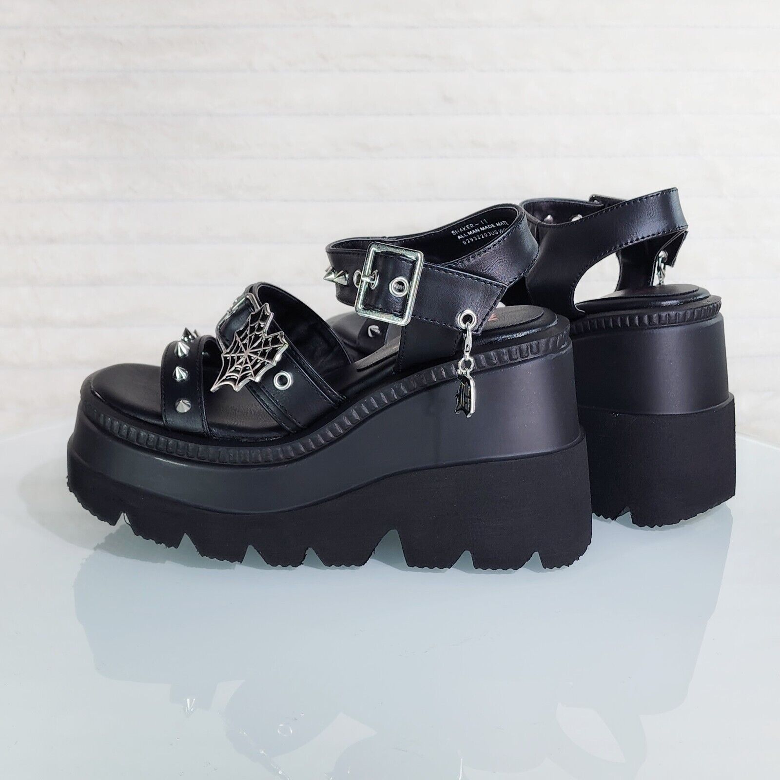 Shaker 13 Black Out Patent 4.5" Wedge Heel Gothic Sandals Studs And Charms NY - Totally Wicked Footwear