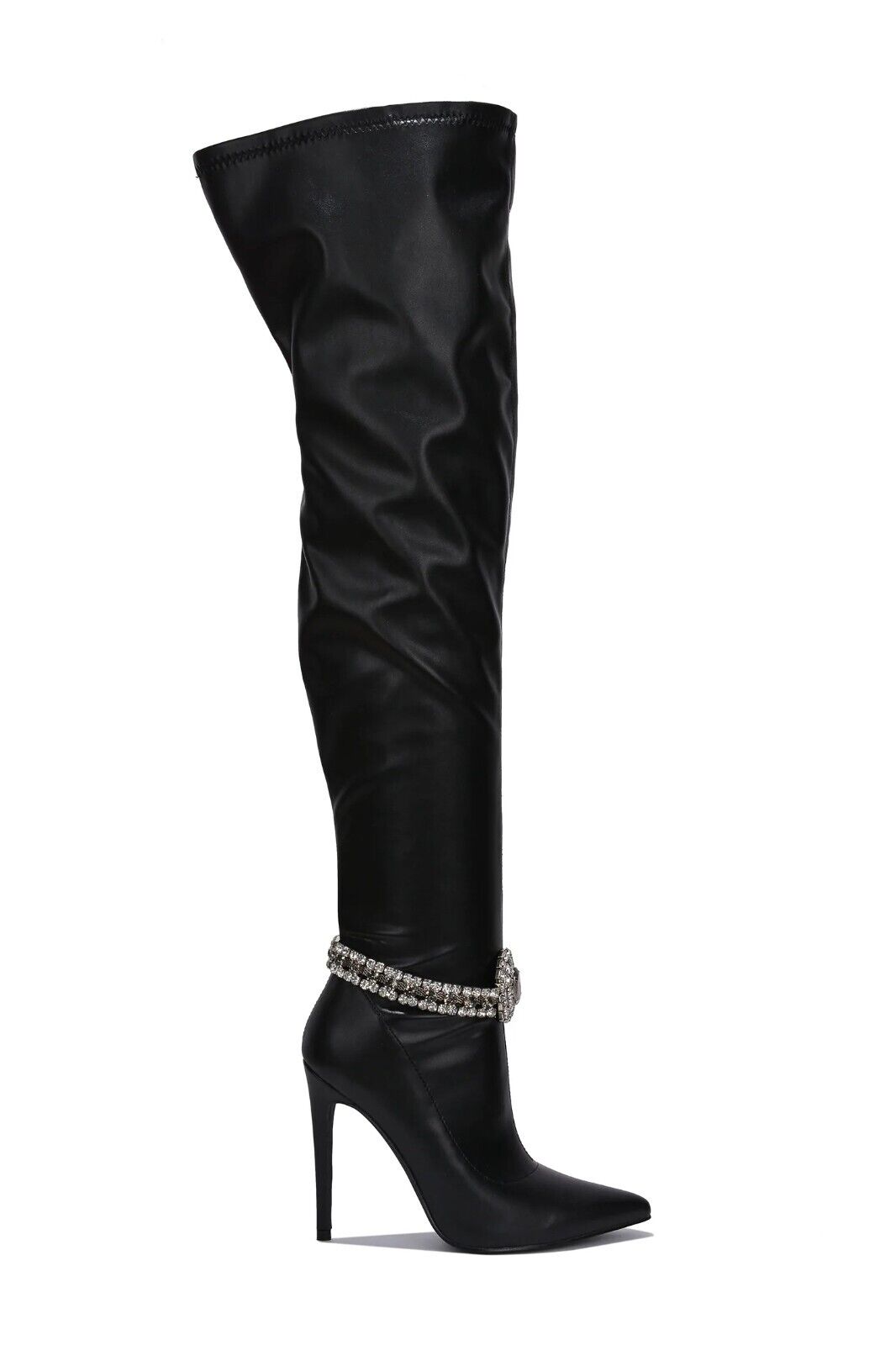 Lawless Black Stretch Leatherette Rhinestone Ankle Bracelet Thigh High Boots - Totally Wicked Footwear