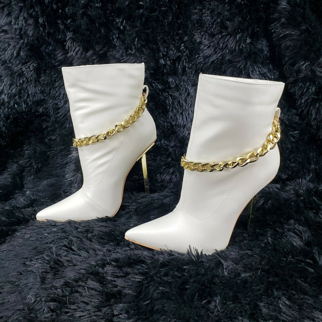 Venomous White Pointy Toe Spike Stiletto Heel Ankle Boots Gold Tone Chain - Totally Wicked Footwear