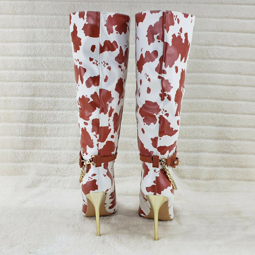 Eva Tan & White Cow Print Leatherette Gold Tone High Heel & Chain Knee Boots - Totally Wicked Footwear