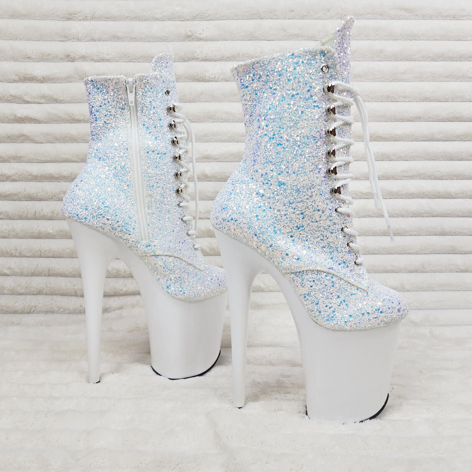 Flamingo White Ice UV Glitter 8" Heel Platform Ankle Boots US 6-12 NY - Totally Wicked Footwear