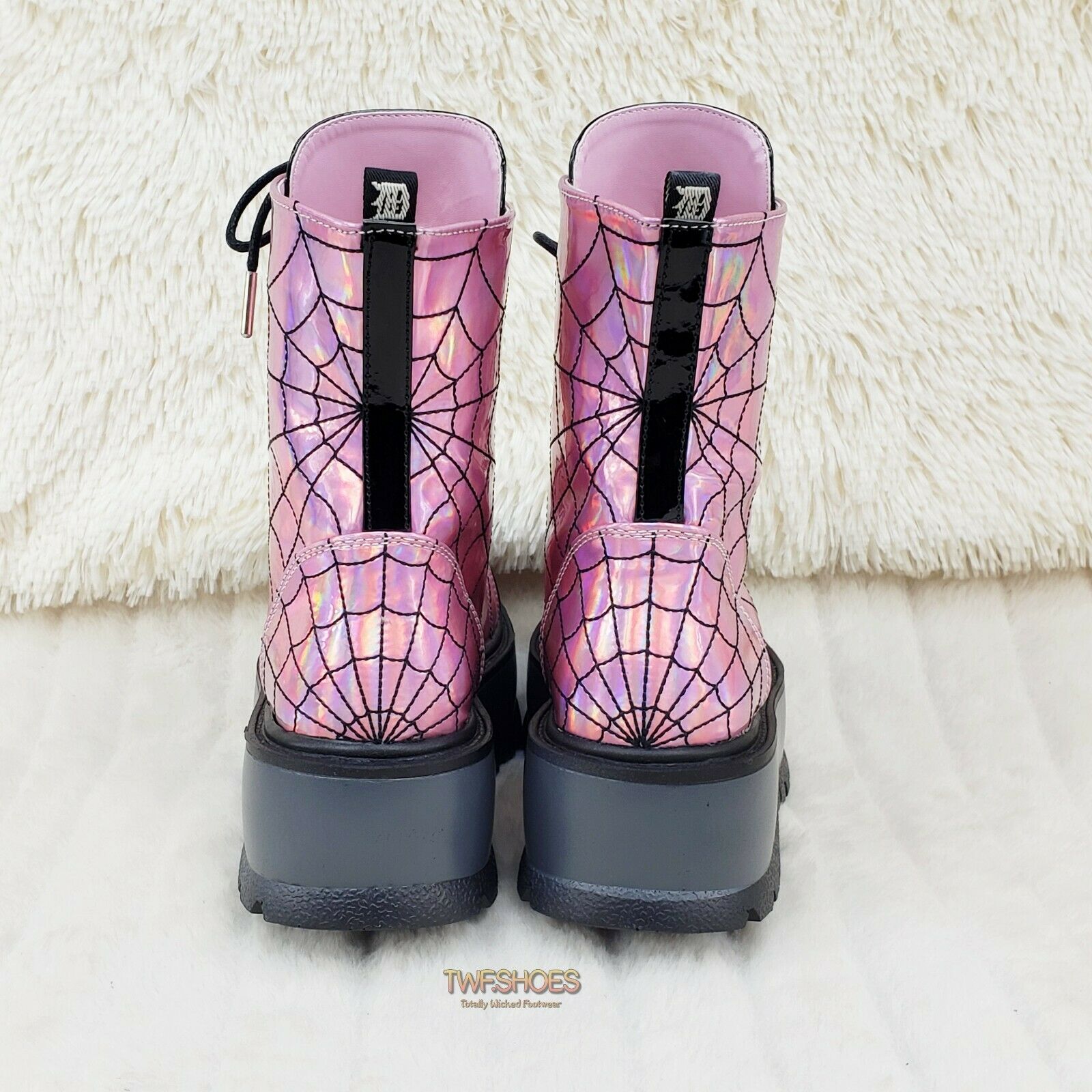 Slacker 88 Pink Hologram Spider Web Design Up Ankle Boots US 6-12 Goth NY - Totally Wicked Footwear