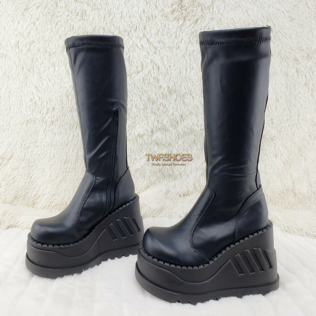 Demonia Stomp 200 Black Matte Platform Wedge Heel Knee Boots NY - Totally Wicked Footwear