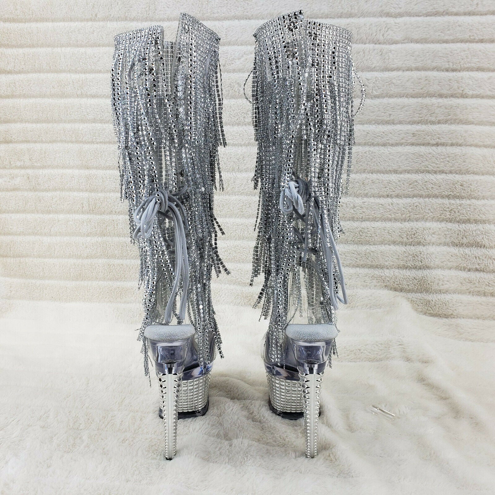 Spectator 2017 Silver Fringe Platform 7" High Heel Fringe Knee Boots NY - Totally Wicked Footwear