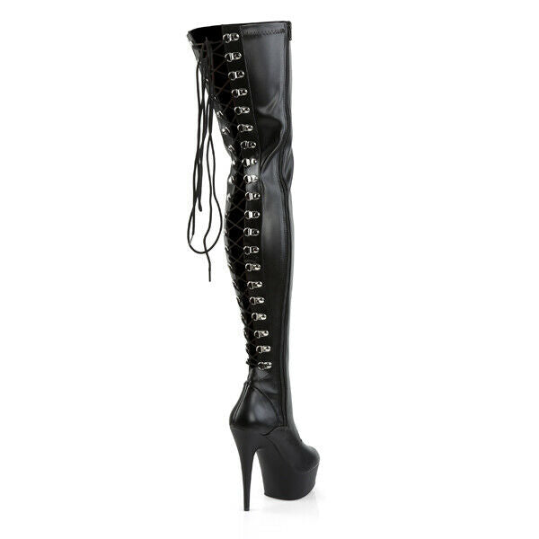 Delight 3063 Back Lace Thigh High Platform Boots 6" High Heels Black Matte - Totally Wicked Footwear