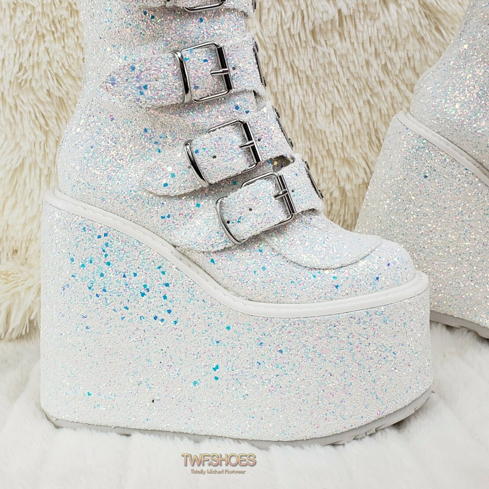 Swing 230G White Multi Glitter Mid Calf Boot 5.5" Platform Heart Strap 6-12 NY - Totally Wicked Footwear
