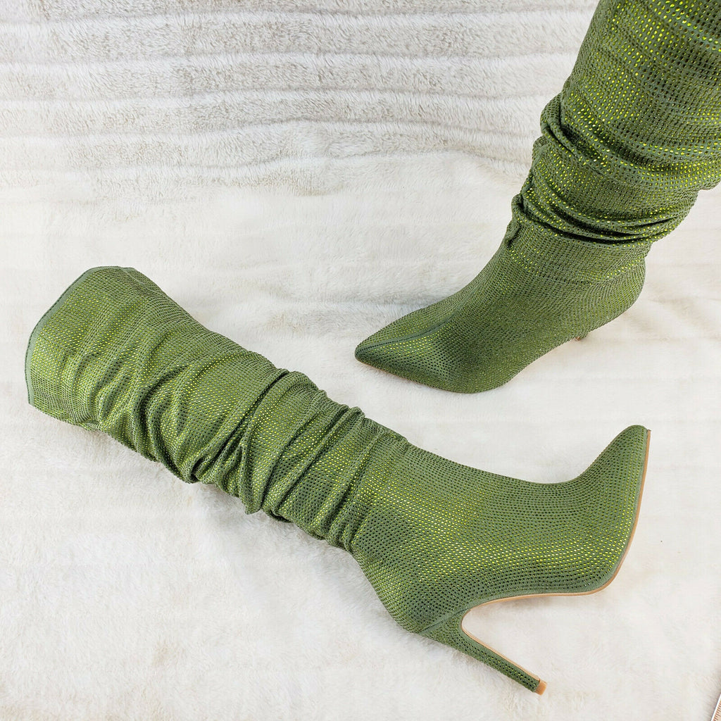 Sparkle Trend Green Rhinestone Slouchy Scrunch High Heel Knee Boots - Totally Wicked Footwear