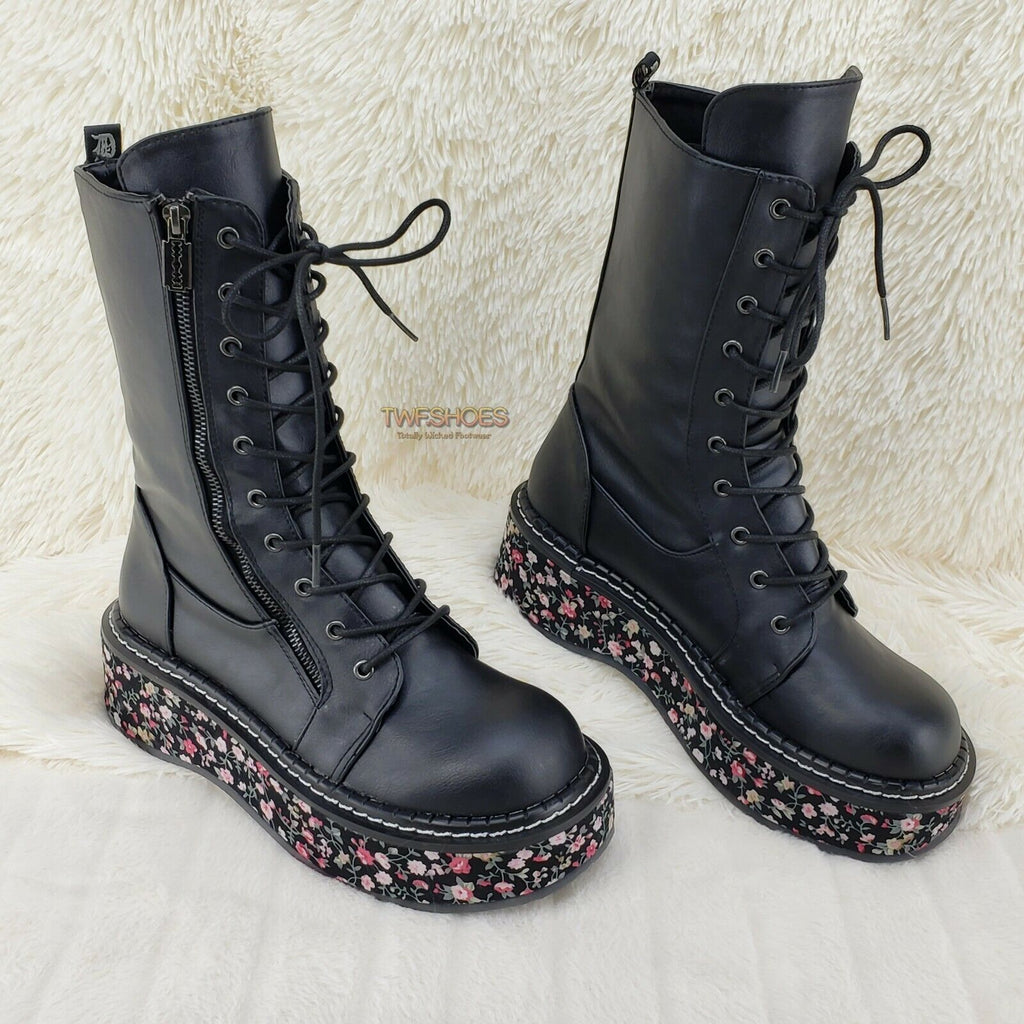 Demonia Emily 350 Black Matte Floral 2" Platform Combat Boots Restocked NY - Totally Wicked Footwear