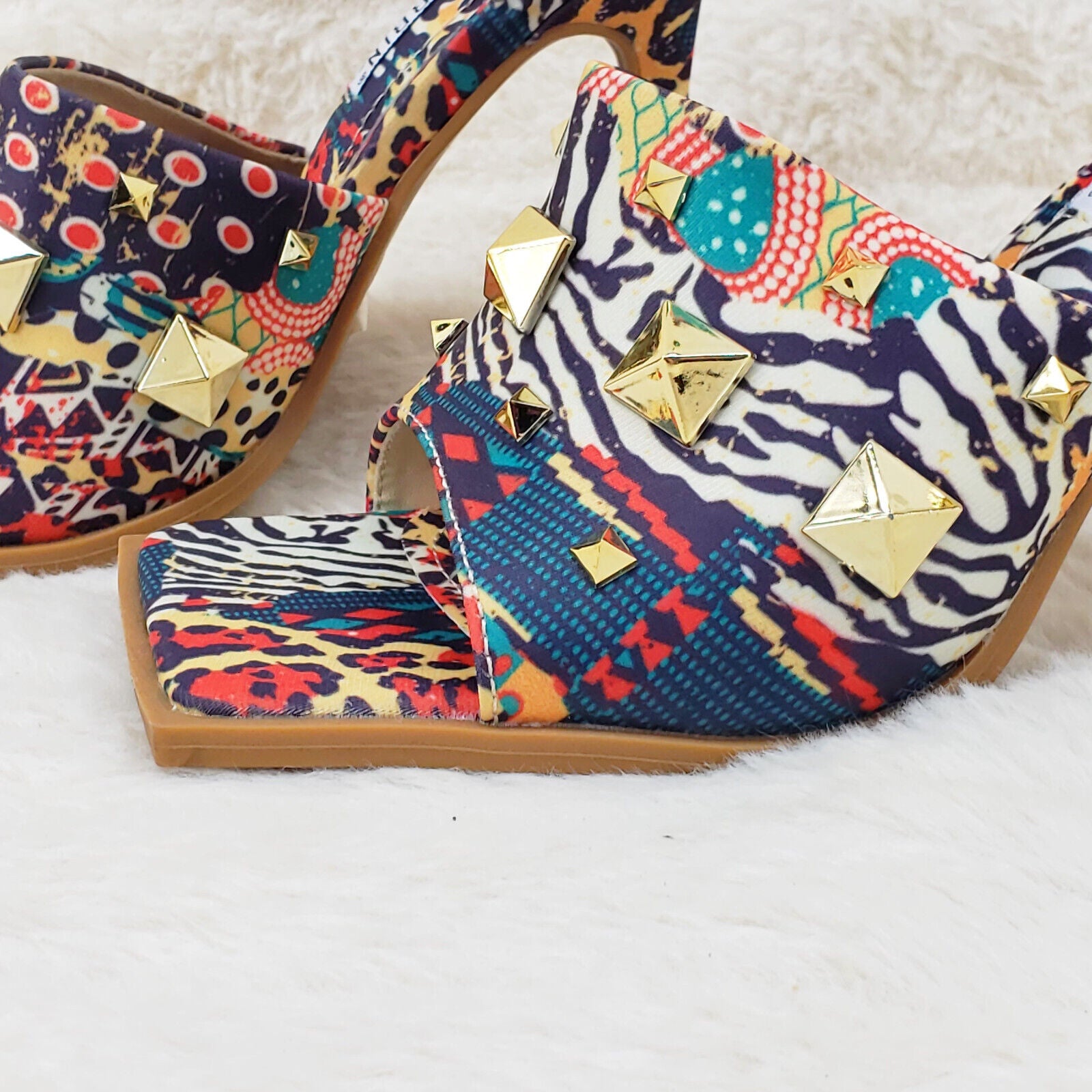 Popo Slip On Square Open Toe High Heel Clogs Mules Slides Multi Print - Totally Wicked Footwear