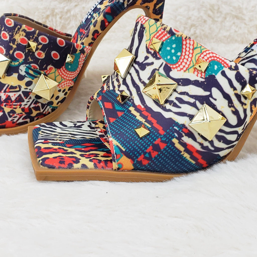 Popo Slip On Square Open Toe High Heel Clogs Mules Slides Multi Print - Totally Wicked Footwear