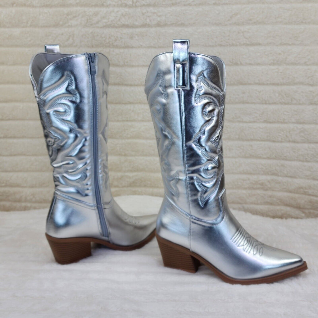 Disco Cowgirl Metallic Silver Cowboy Knee Boots Western Block Heels US Sizes - Totally Wicked Footwear