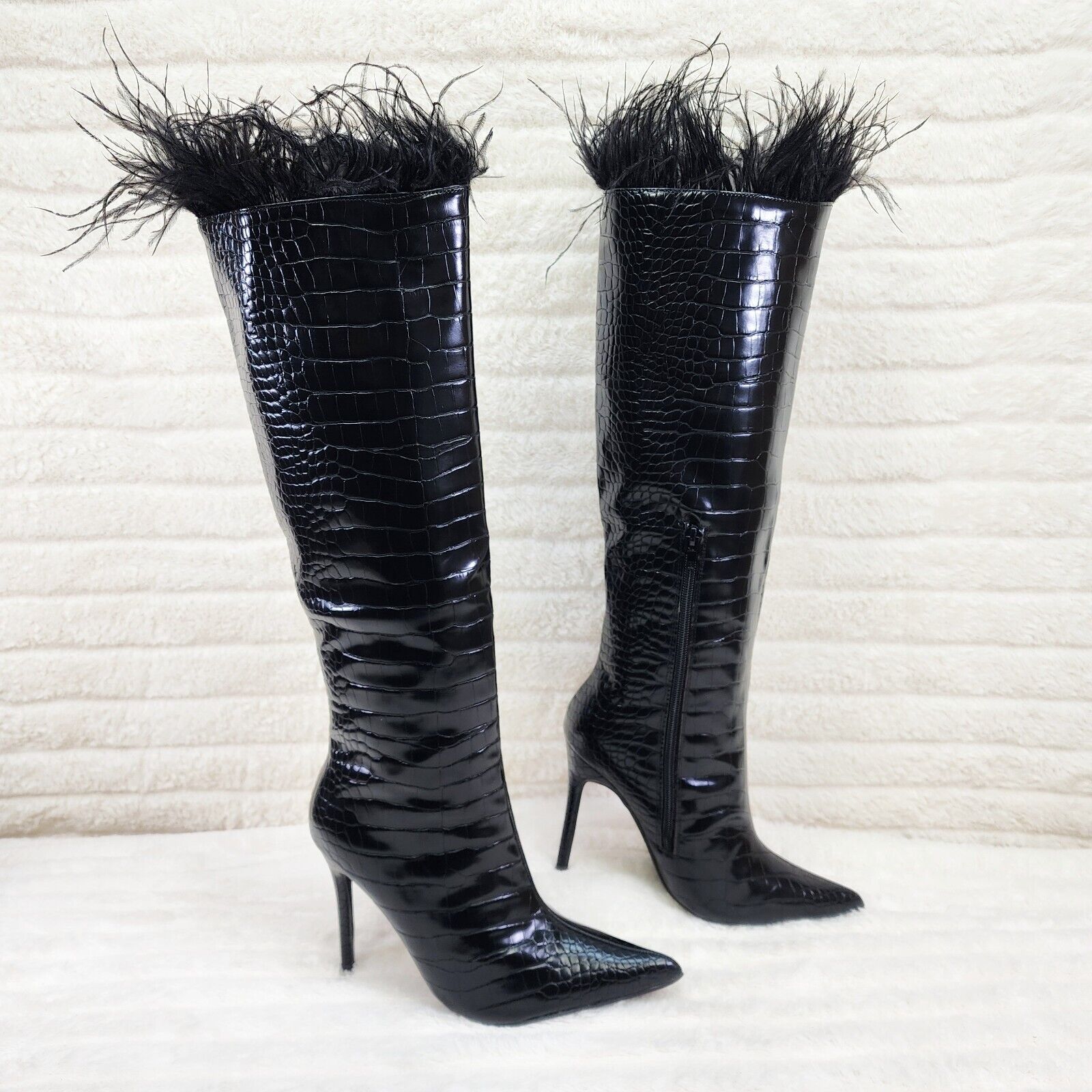 Flirty Black Snake Texture Knee High Heel Stiletto Boots Sexy Feather Top - Totally Wicked Footwear