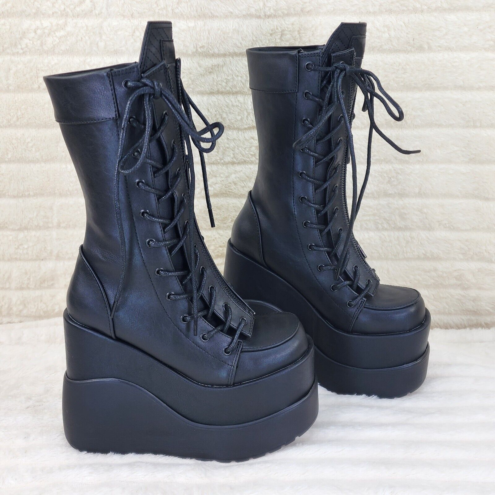 Void Black Matte Reflective Platform Wedge Mid Calf Boots IN HOUSE NY Demonia - Totally Wicked Footwear