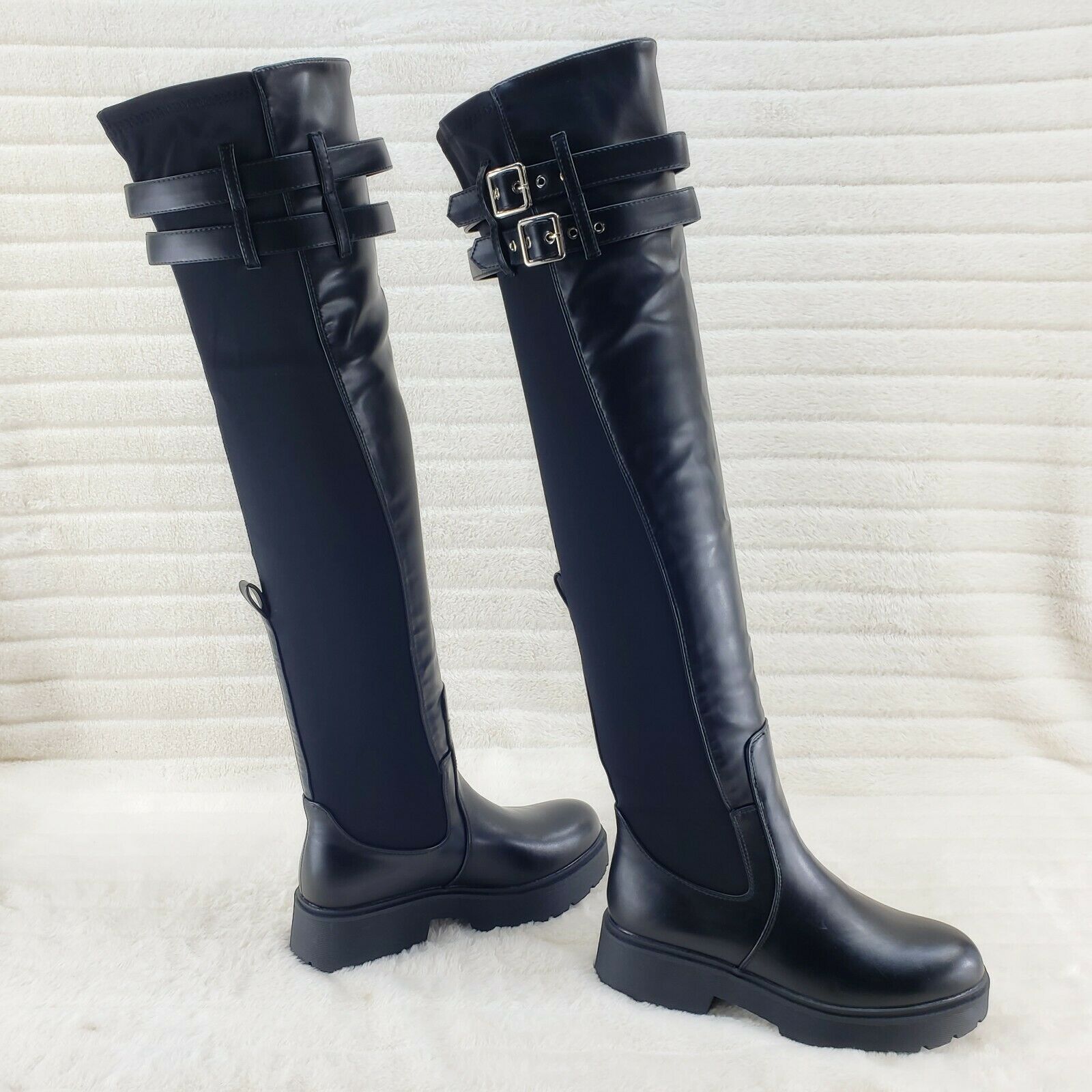 Techno Baby Black Leatherette Spandex Stretch Panel Lug Sole Thigh High Boots - Totally Wicked Footwear