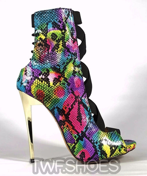 MM Colorful Rainbow Snake Open Elastic Strap Stiletto High Heel Ankle ...