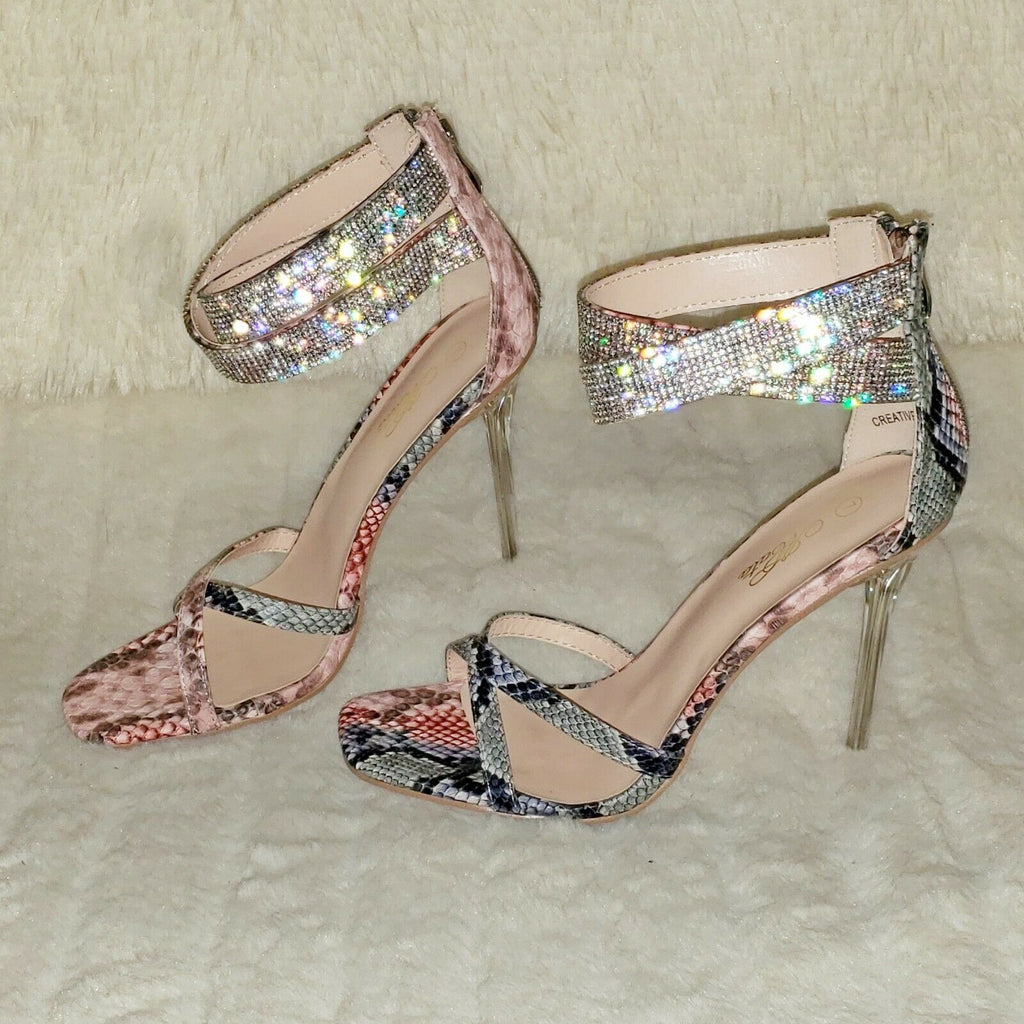 Mata Pink Snake Print Rhinestone Double Ankle Strap Closed Back High Heel Shoes - Totally Wicked Footwear