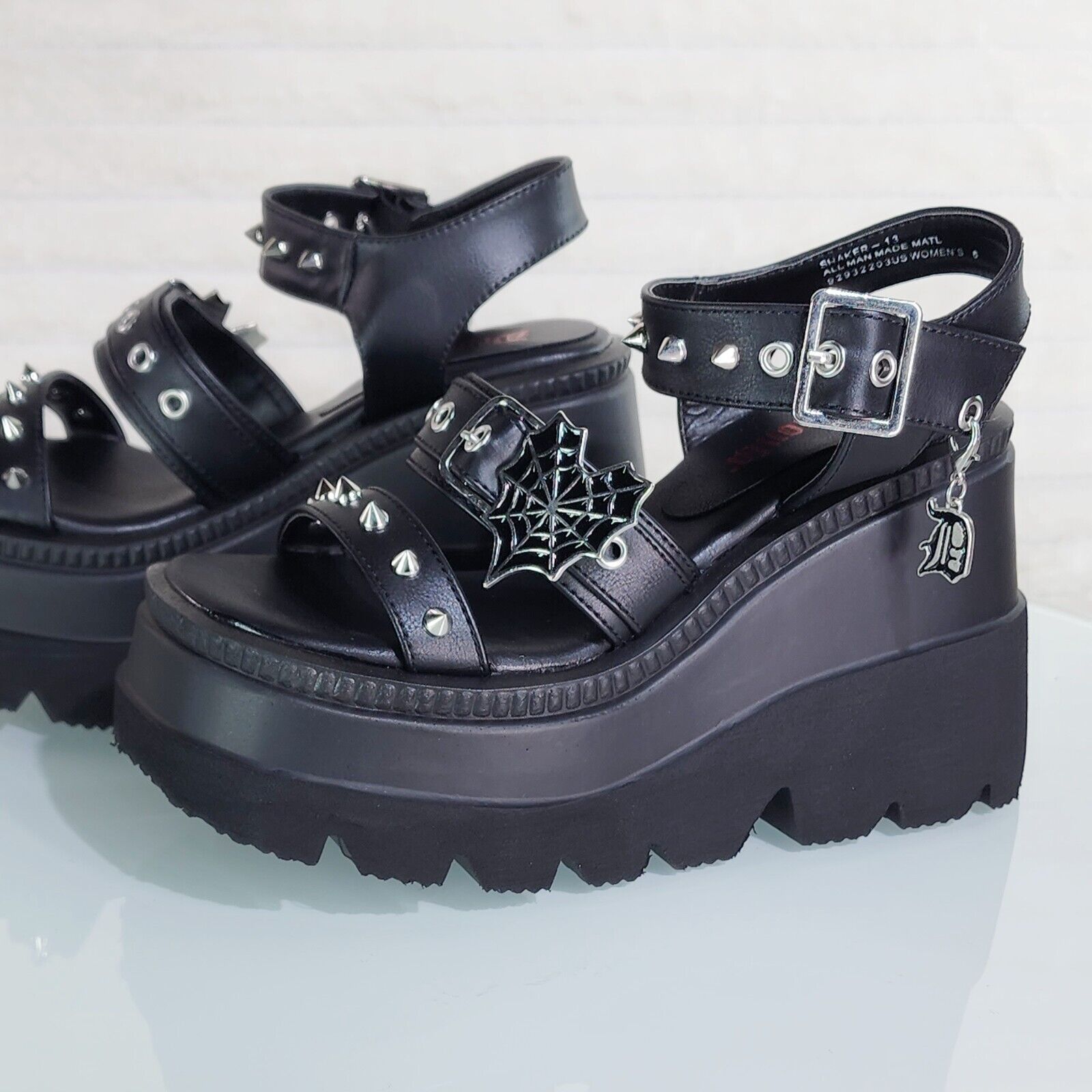 Shaker 13 Black Out Patent 4.5" Wedge Heel Gothic Sandals Studs And Charms NY - Totally Wicked Footwear