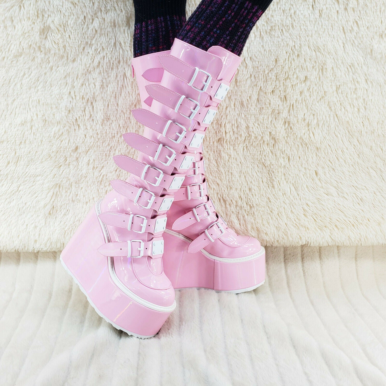 Trinity Swing 815 Pink Hologram Patent Goth Knee Boot 5.5" Platform In House NY - Totally Wicked Footwear