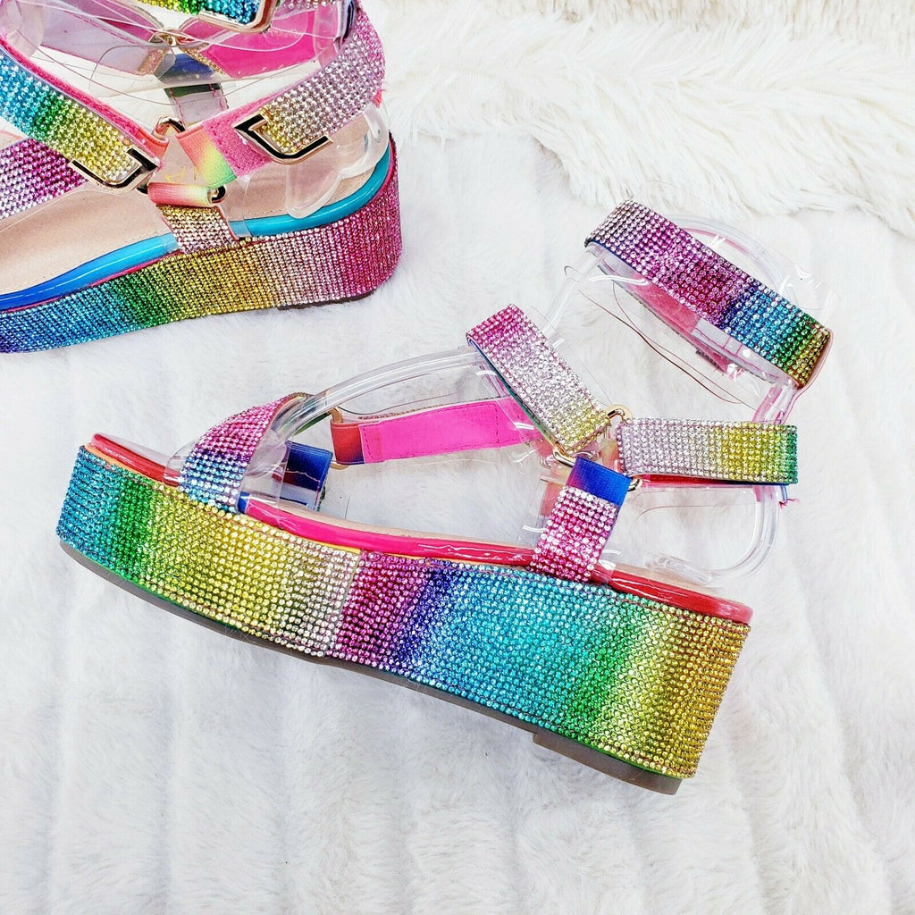 2" Flatform Harness Strap Rainbow Rhinestone Sandals Comfy New Shoes Restocked - Totally Wicked Footwear