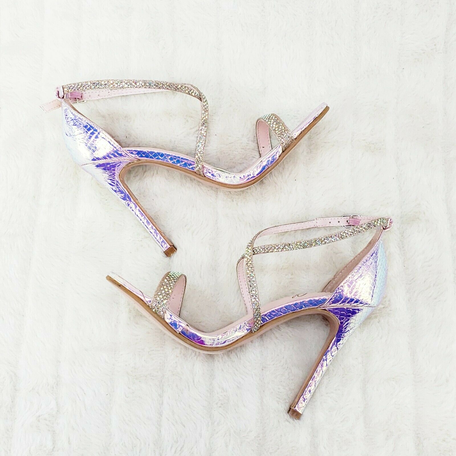 Lisa Pink Snake Hologram Cross Strap Jeweled 4" High Heel Sandals Shoes 6-10 - Totally Wicked Footwear