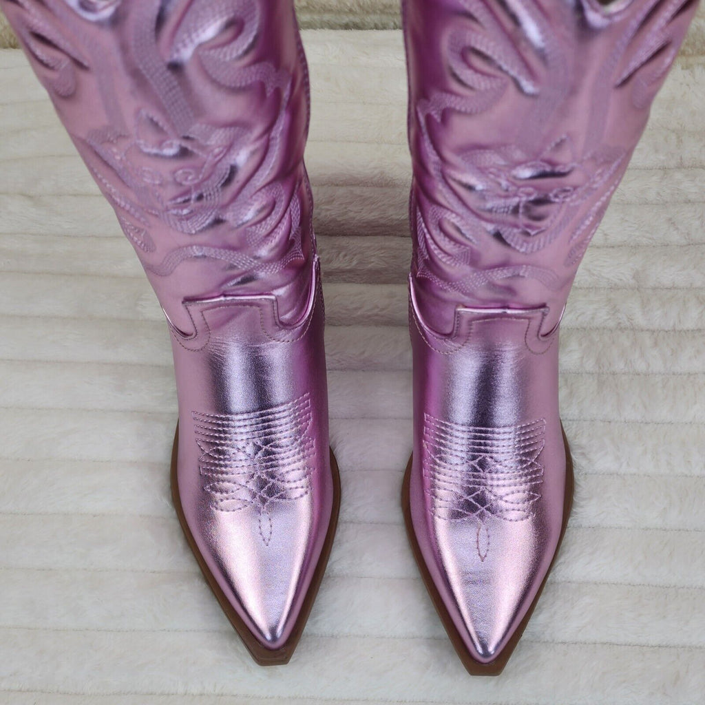 Disco Cowgirl Metallic Pink Cowboy Knee Boots Western Block Heels US Sizes - Totally Wicked Footwear