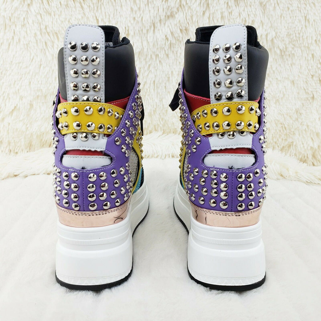 Wang Color Block & Studs Platform Sneaker Hidden Wedge Fashion Street Kicks - Totally Wicked Footwear