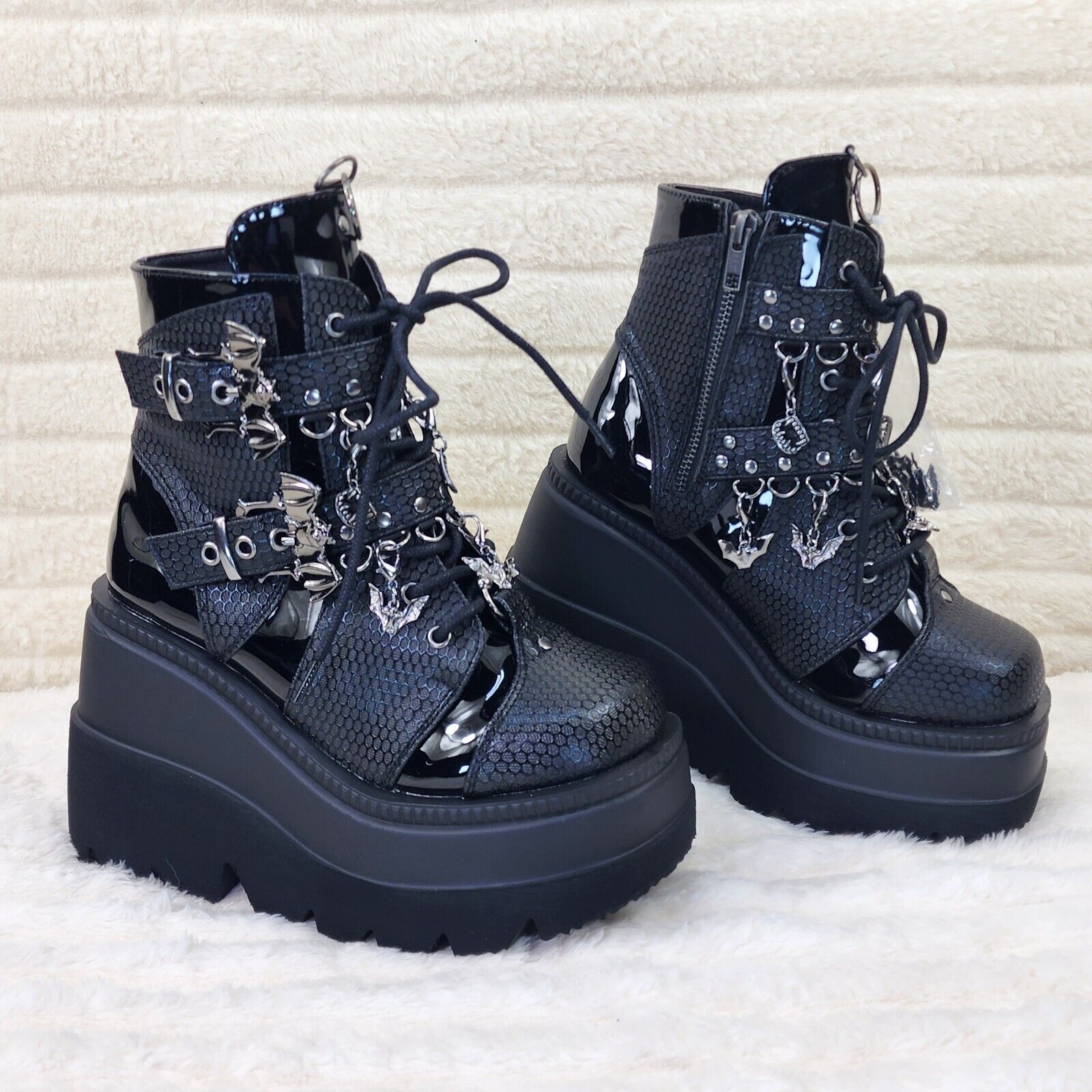 Shaker 66 Black Matte / Patent Platform 4.5" Wedge Heel Charm Ankle Boots NY - Totally Wicked Footwear
