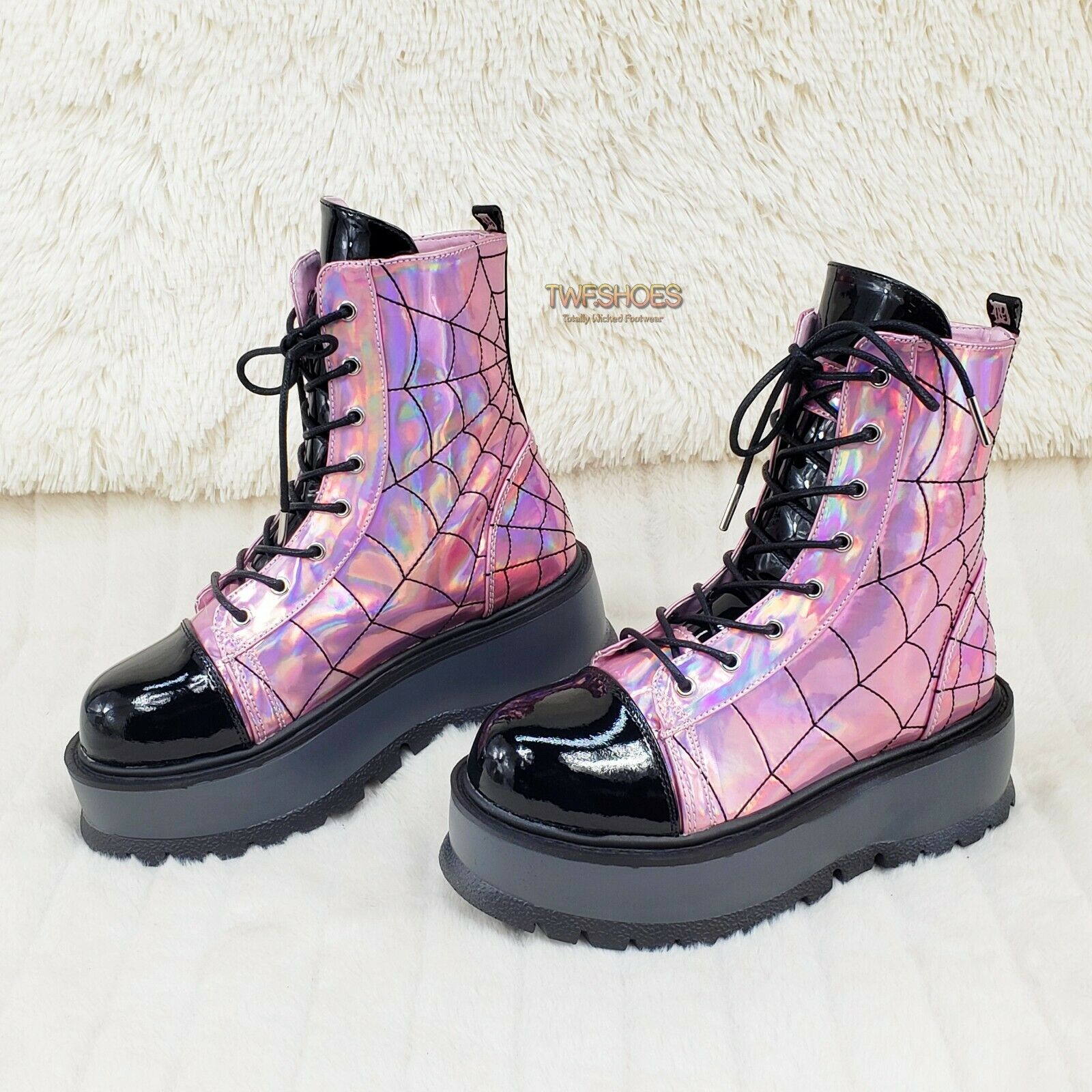 Slacker 88 Pink Hologram Spider Web Design Up Ankle Boots US 6-12 Goth NY - Totally Wicked Footwear