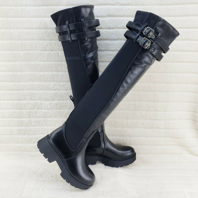 Techno Baby Black Leatherette Spandex Stretch Panel Lug Sole Thigh High Boots - Totally Wicked Footwear