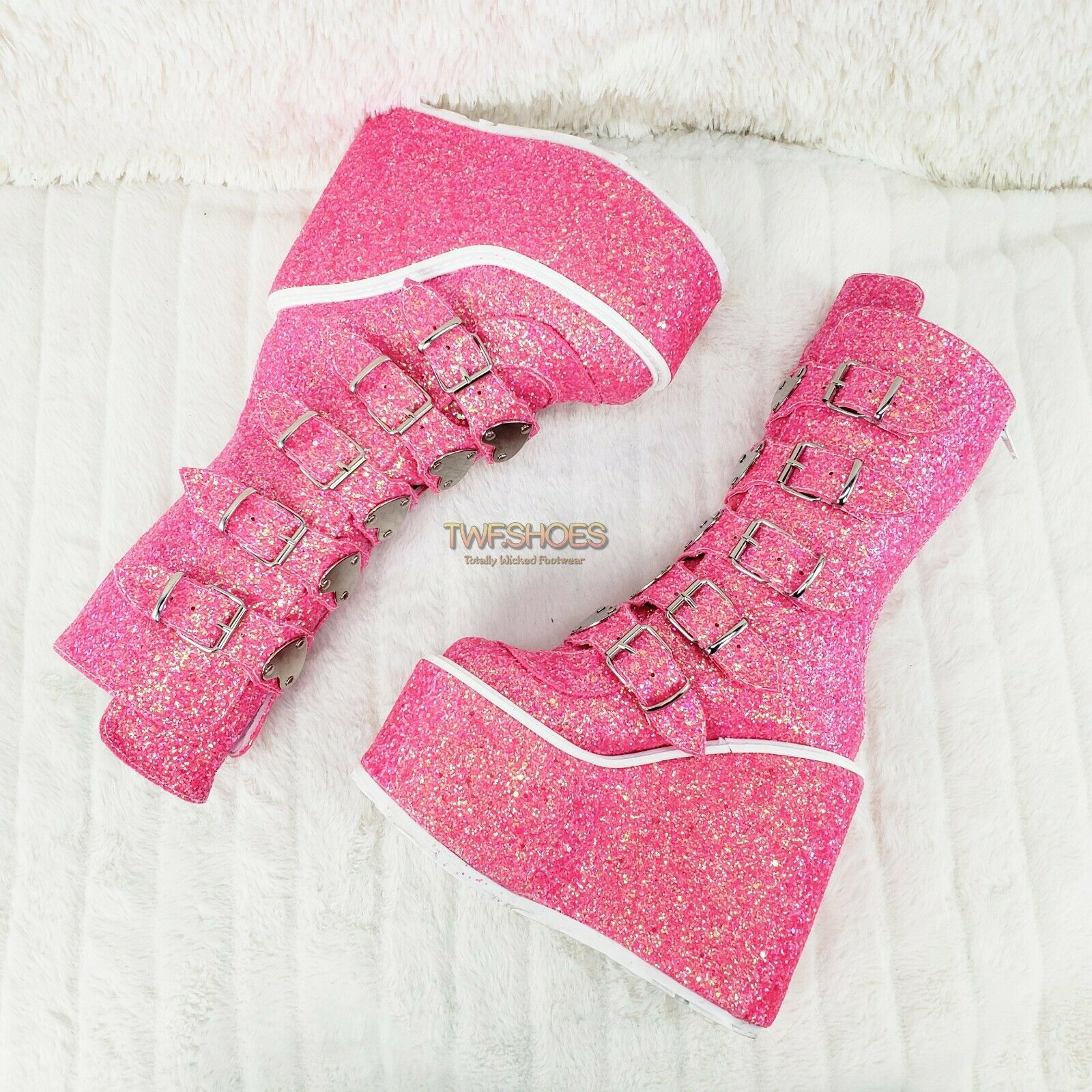 Swing 230G Pink Glitter Boot 5.5 Platform Heart Strap Goth Boots 6 -11 NY