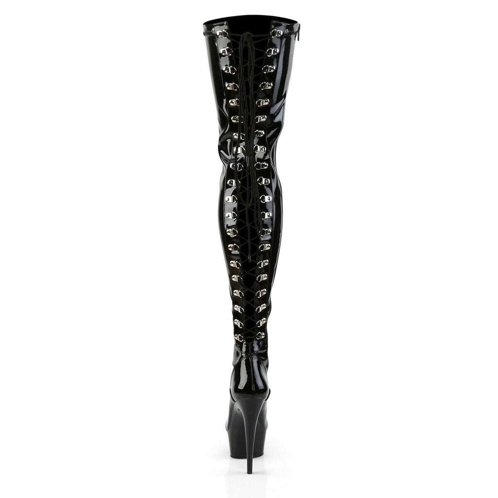 Delight 3063 Back Lace Thigh High Platform Boots 6" High Heels Black Patent NY - Totally Wicked Footwear